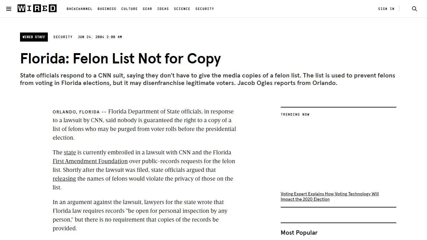 Florida: Felon List Not for Copy | WIRED